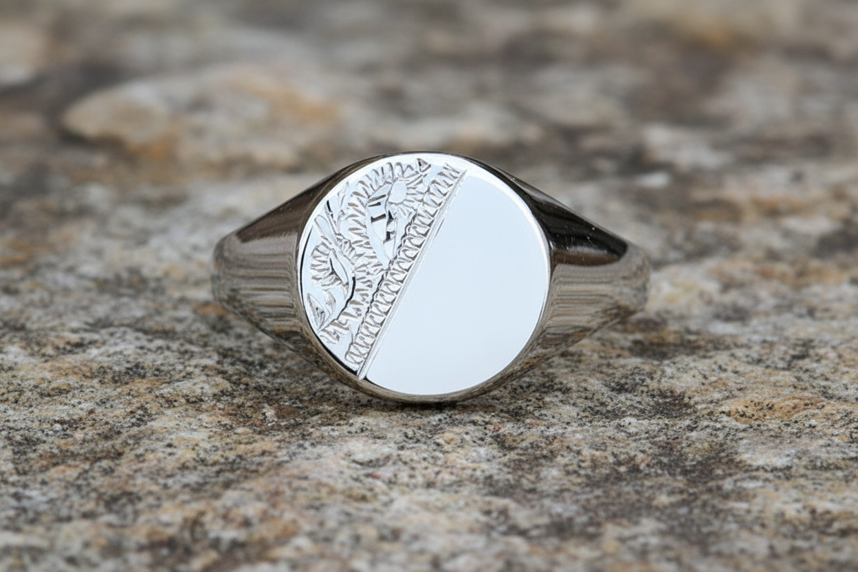 Mens Sterling Silver Round Signet Ring with an intricate design and polished finish