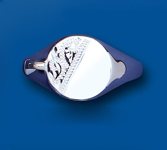 Mens Sterling Silver Round Signet Ring featuring a polished finish with floral engravings