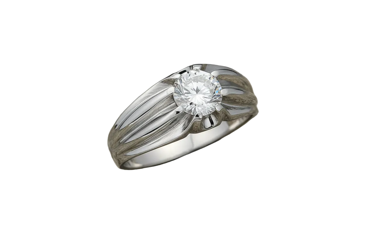 Mens Sterling Silver Solitaire Ring Gypsy Setting with a sparkling round diamond and textured band
