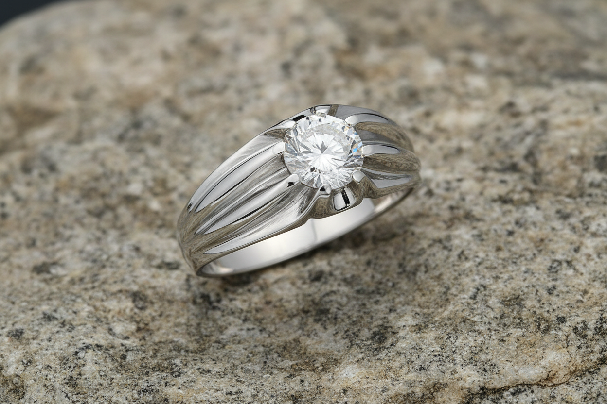 J R Jewellery Mens Sterling Silver Solitaire Ring Gypsy Setting with a sparkling stone on a textured band
