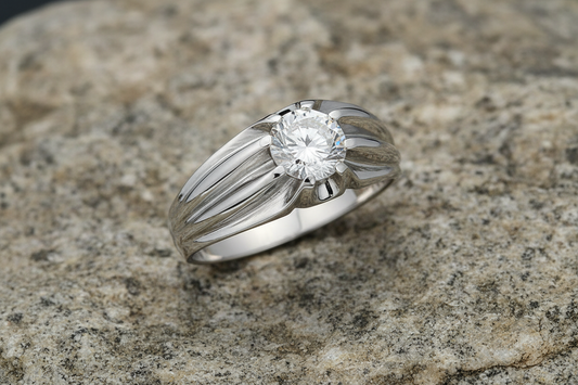J R Jewellery Mens Sterling Silver Solitaire Ring Gypsy Setting with a sparkling stone on a textured band