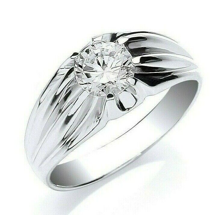 Mens Sterling Silver Solitaire Ring Gypsy Setting with a polished finish and central diamond detail