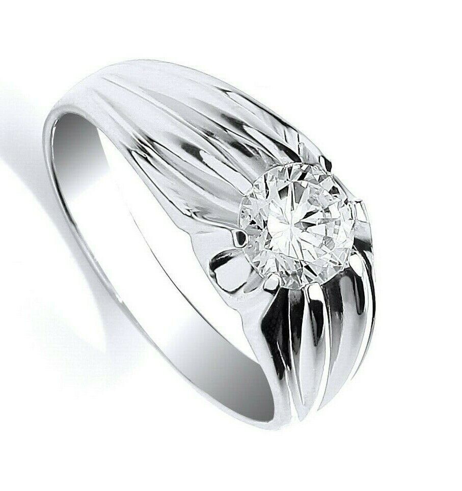 Stylish Mens Sterling Silver Solitaire Ring Gypsy Setting with a sparkling centre stone