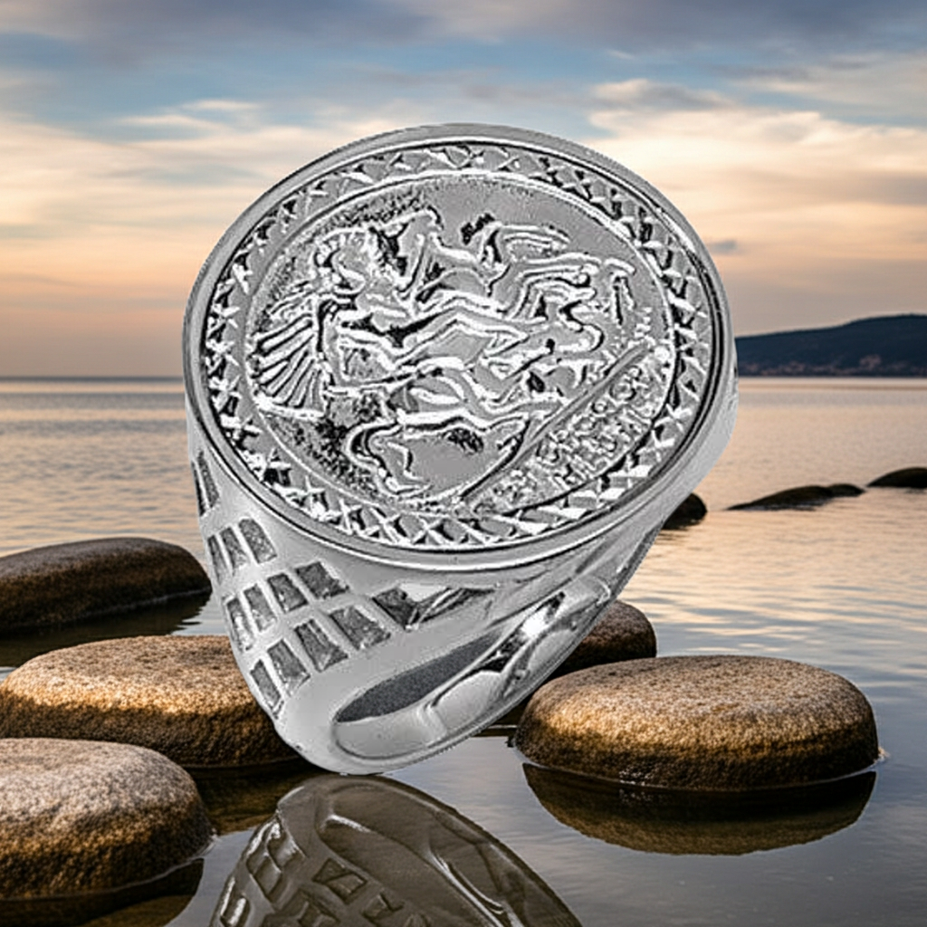Mens Sterling Silver Sovereign Coin Ring with Detailed Design on a Serene Outdoor Background