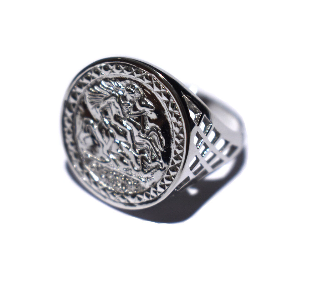 Mens Sterling Silver Sovereign Coin Ring featuring intricate detailed design and polished finish