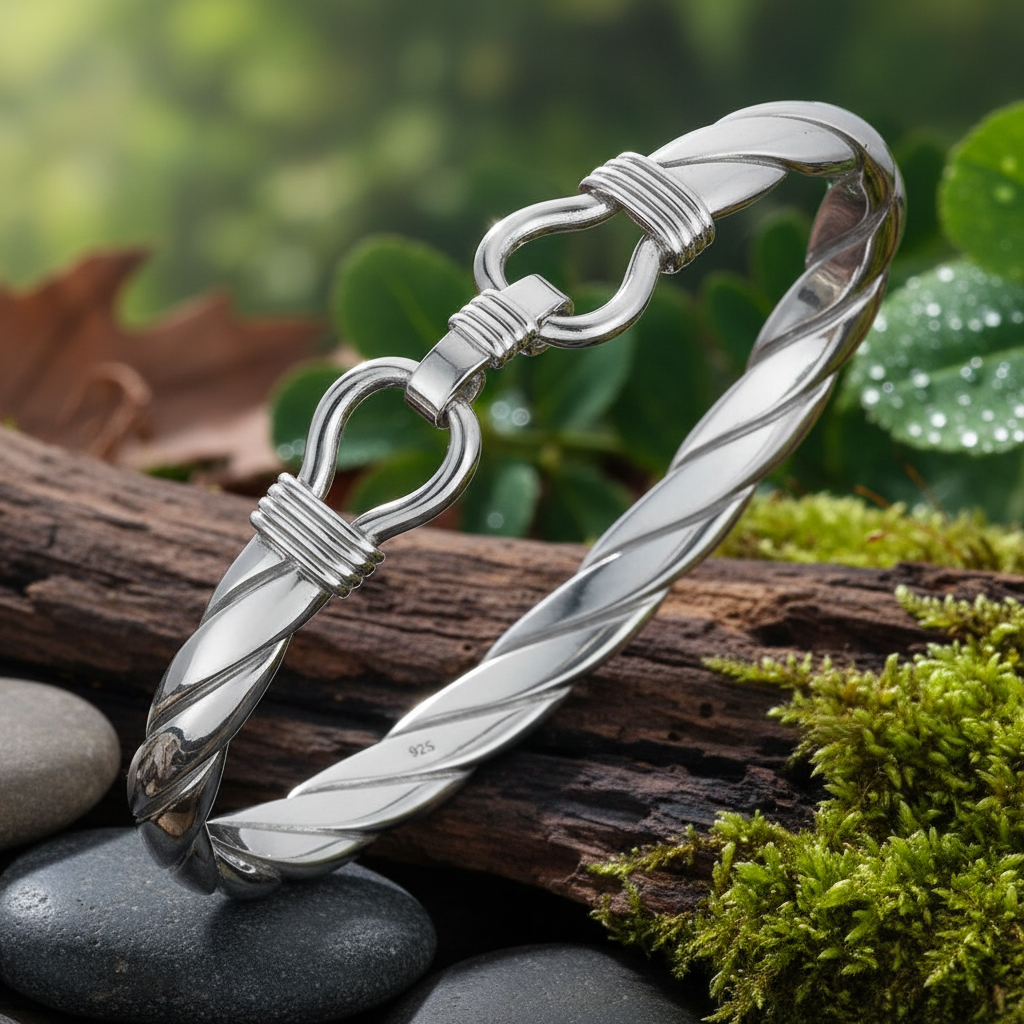 Sterling Silver Stirrup Bangle 8mm Wide Twist Mens Gents Hallmarked British Made