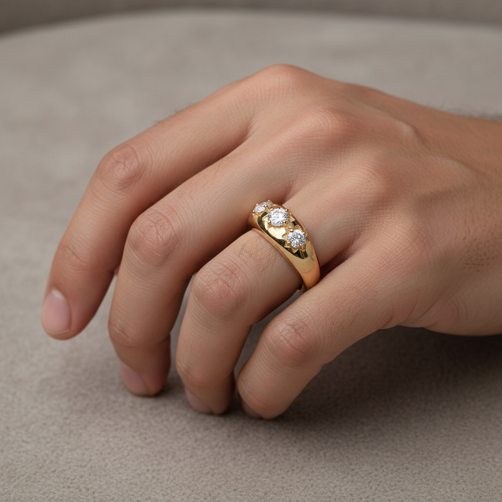 Mens Three Stone Ring 18ct Gold on Solid 925 Sterling Silver Size P to Z+1