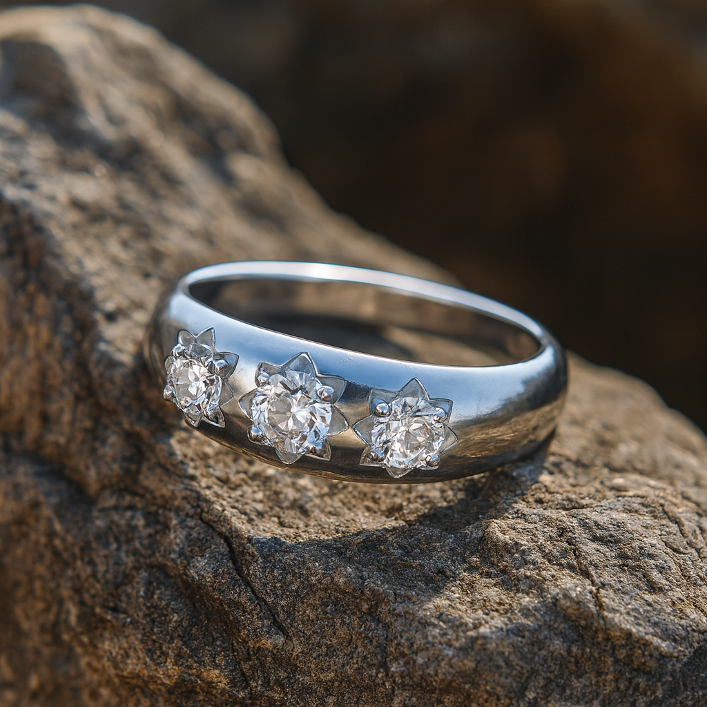 Mens Three Stone Ring Solid Sterling Silver Rhodium Plate with sparkling gemstones on a rocky surface