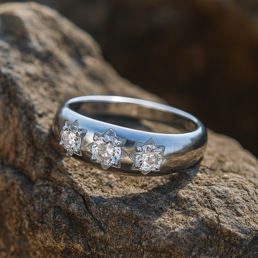 Mens Three Stone Ring Solid Sterling Silver Rhodium Plate with sparkling gemstones on a rocky surface