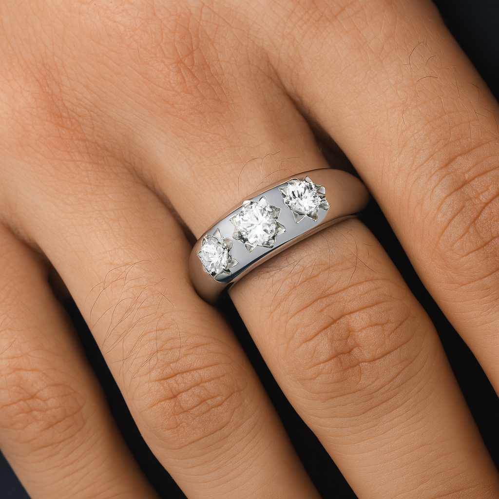 Mens Three Stone Ring Solid Sterling Silver Rhodium Plate displayed on a hand with three sparkling stones