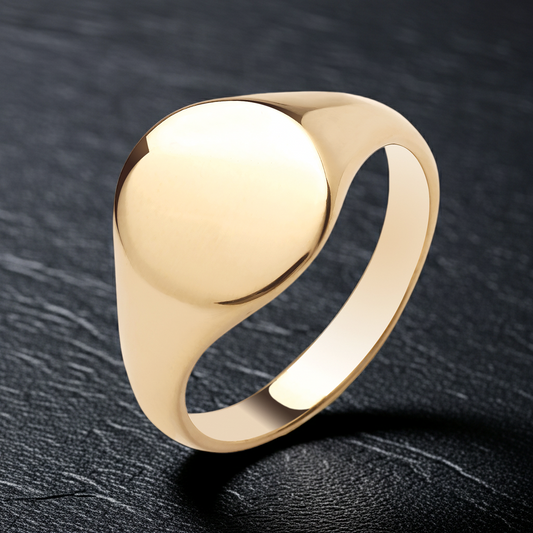 Mens Yellow Gold Oval Signet Ring on Solid Sterling Silver showcasing a polished design and classic style.