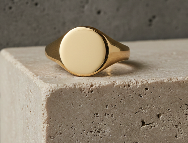 Mens Yellow Gold Oval Signet Ring on Solid Sterling Silver displayed on a textured surface