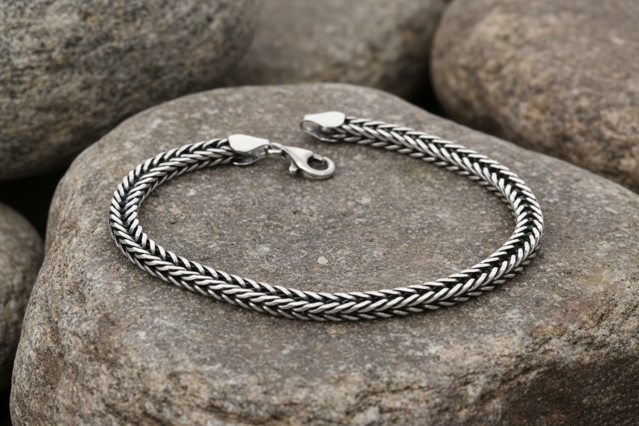 A sterling silver oxidised foxtail chain bracelet with a length of 22cm.