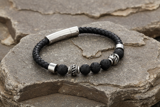 A black leather bracelet with black lava beads and a silver clasp, branded by Fred Bennett.