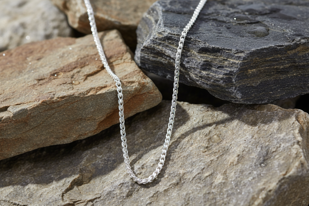 A sterling silver spiga link chain necklace with a polished finish, laid out on a plain background.