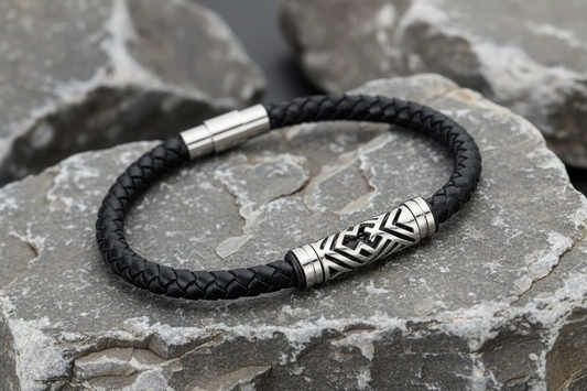 Fred Bennett Black Plaited Leather Bracelet with Steel Section 21cm B4725