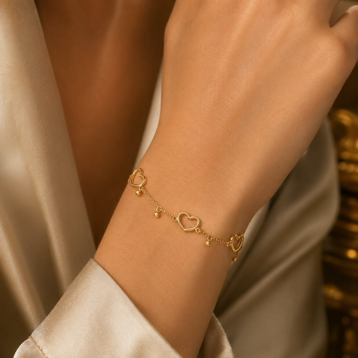 Elegant J R Jewellery Modern Open Heart Station Chain Bracelet in gold, stylishly worn on a wrist.