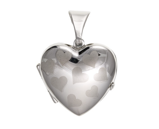 J R Jewellery Multi Hearts Heart Locket in polished silver with engraved heart designs