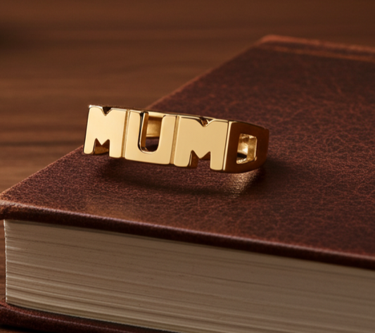 Stylish mum ring sterling silver 925 displayed on a leather-bound book