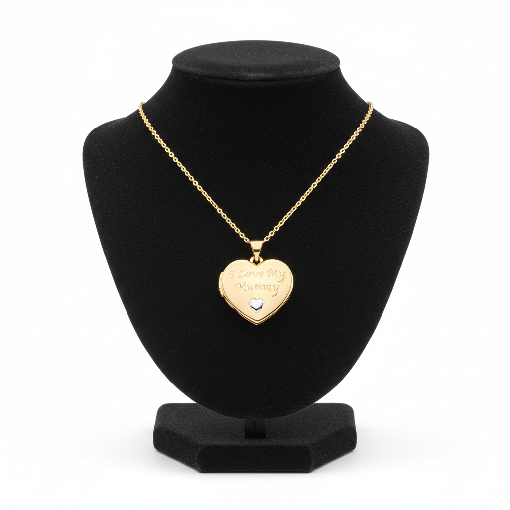 Gold Mummy Heart Locket Necklace from J R Jewellery on a display stand