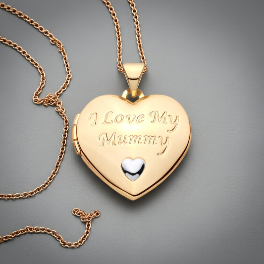Gold Mummy Heart Locket by J R Jewellery with engraving 'I Love My Mummy'