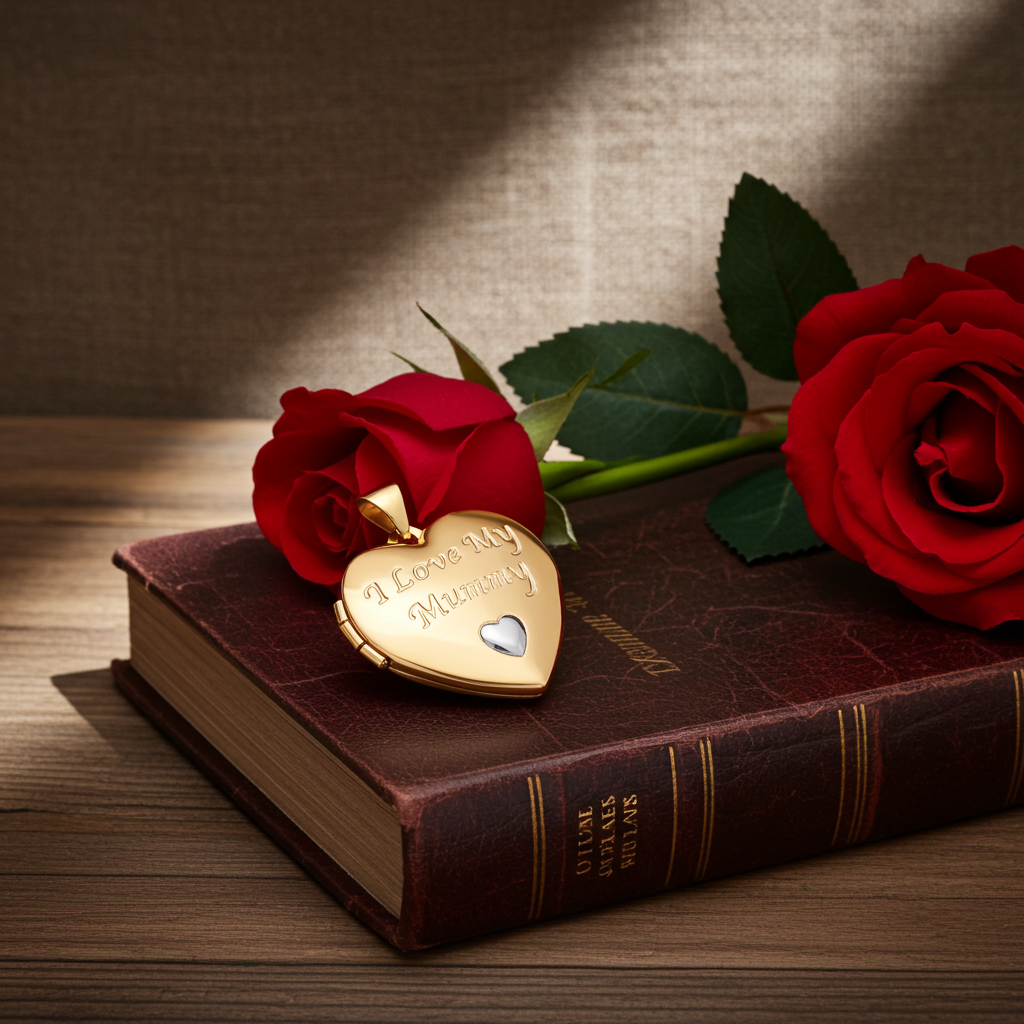 Gold heart-shaped mummy locket gift for mum with engraving and a rose on a book