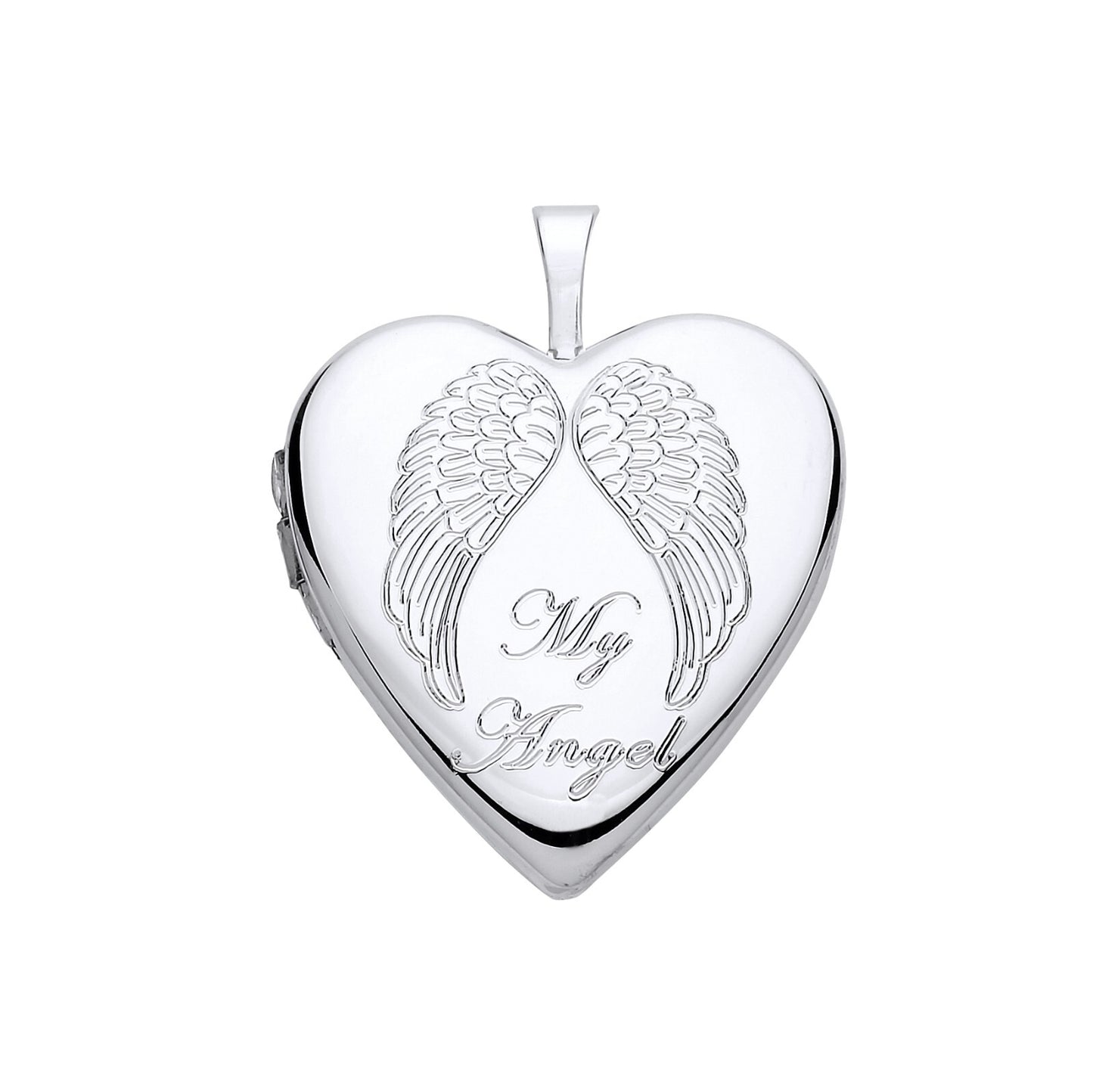 My Angel Wings Heart Locket in silver with engraved angel wings and heartfelt message