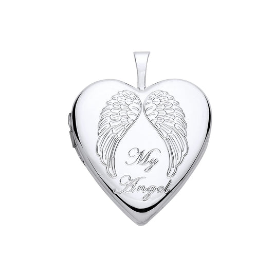 My Angel Wings Heart Locket in silver with engraved angel wings and heartfelt message