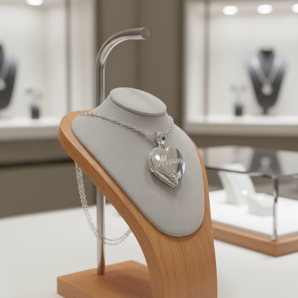 J R Jewellery Silver Necklace featuring a Natural Diamond Mum Heart Locket on a display stand