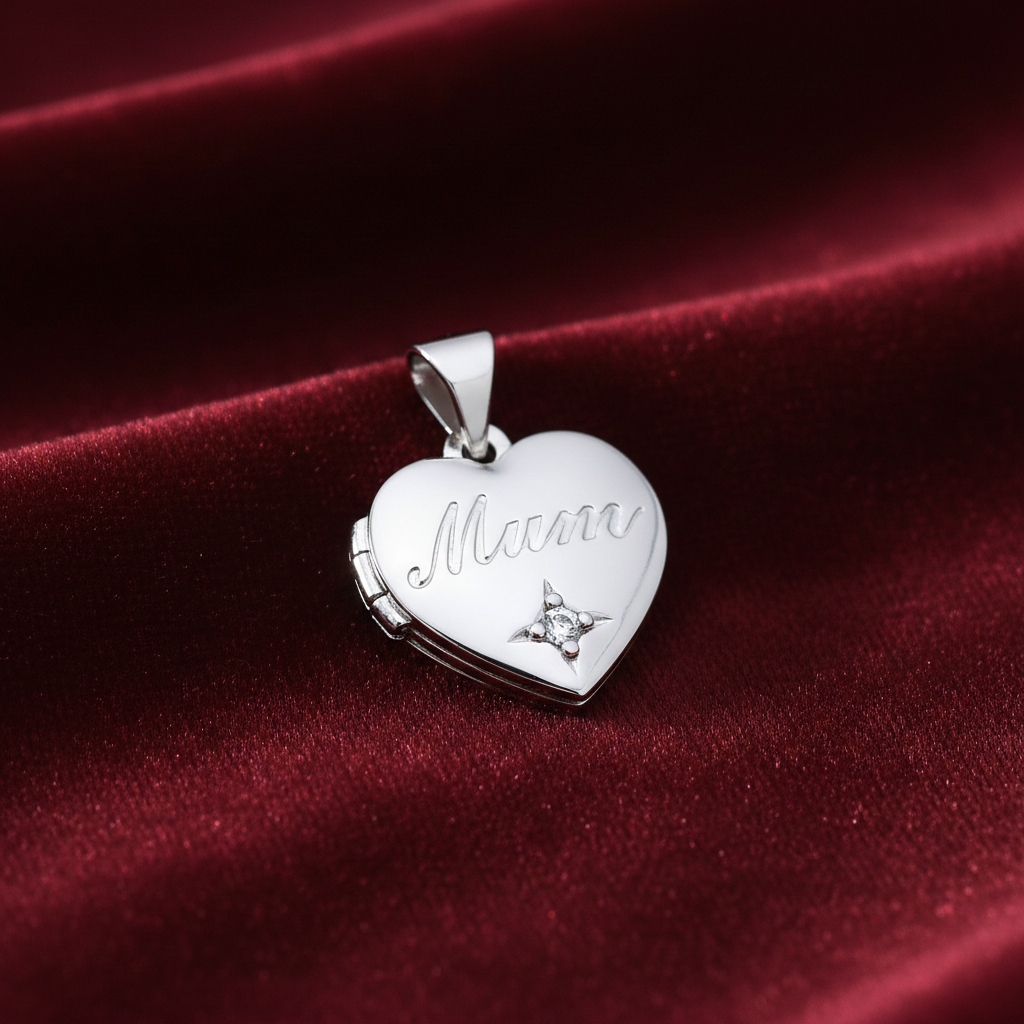 J R Jewellery Silver Necklace with Natural Diamond Mum Heart Locket on Red Satin Background