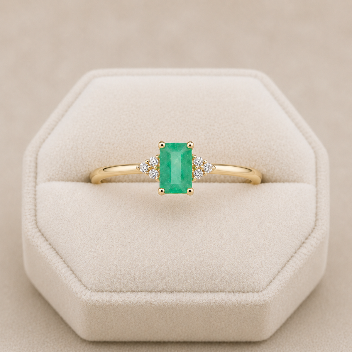 Natural Emerald Solitaire Ring set in gold with diamond accents showcasing a stunning green emerald