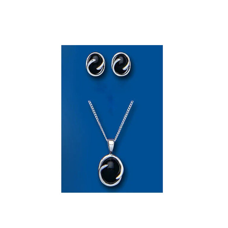 Onyx Pendant and Earrings Set Solid Silver Oval Design