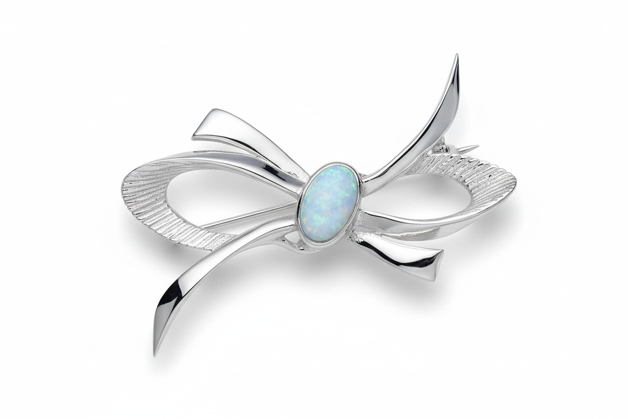 Opal Brooch Solid Silver Bow Design Hallmarked handmade