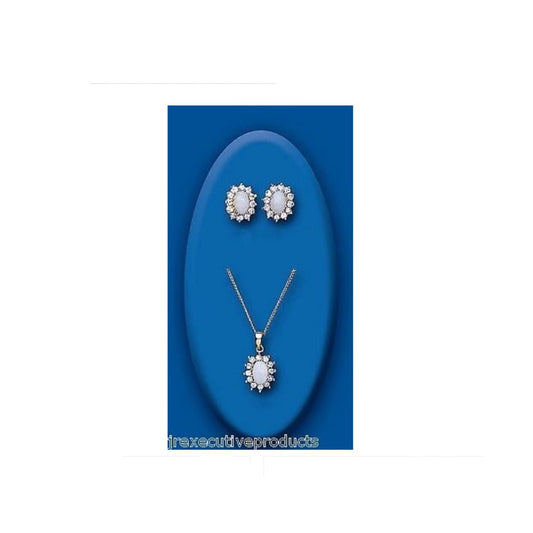Opal Pendant and Earrings Set Cluster Solid Yellow Gold Hallmarked