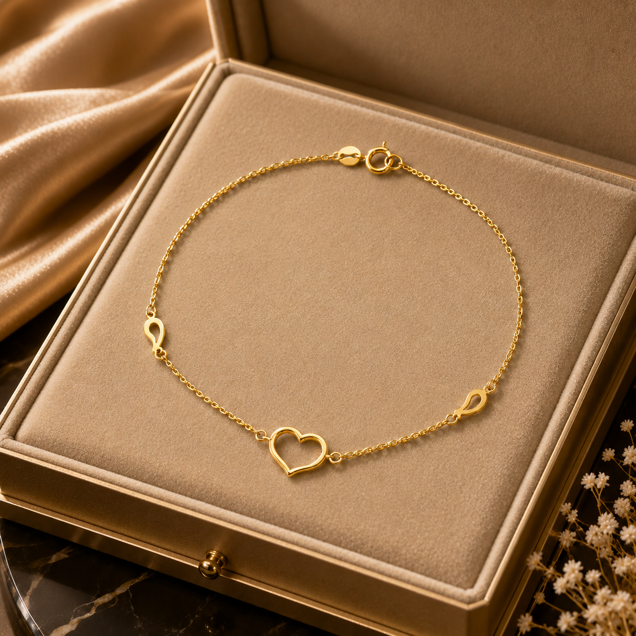 Open Heart Gold Chain Bracelet by J R Jewellery displayed in an elegant box on a soft surface