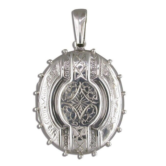 Oval Locket Fancy Victorian Style Pendant with Intricate Engraved Design and Silver Finish