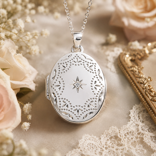 Elegant Oval Sterling Silver Locket with intricate engraving and a delicate star design