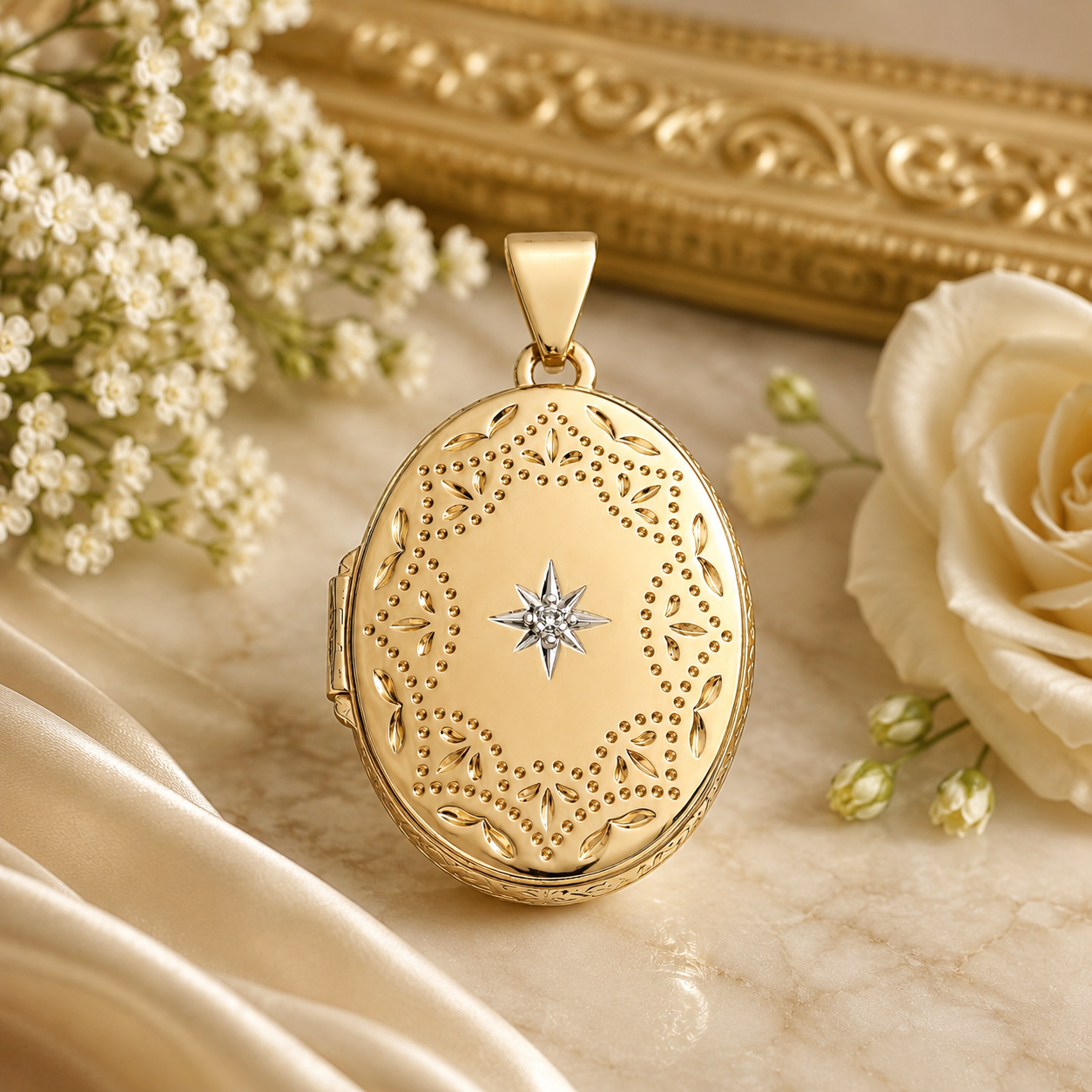 Oval Yellow Gold Locket with intricate design and diamond star detail, perfect for cherished memories