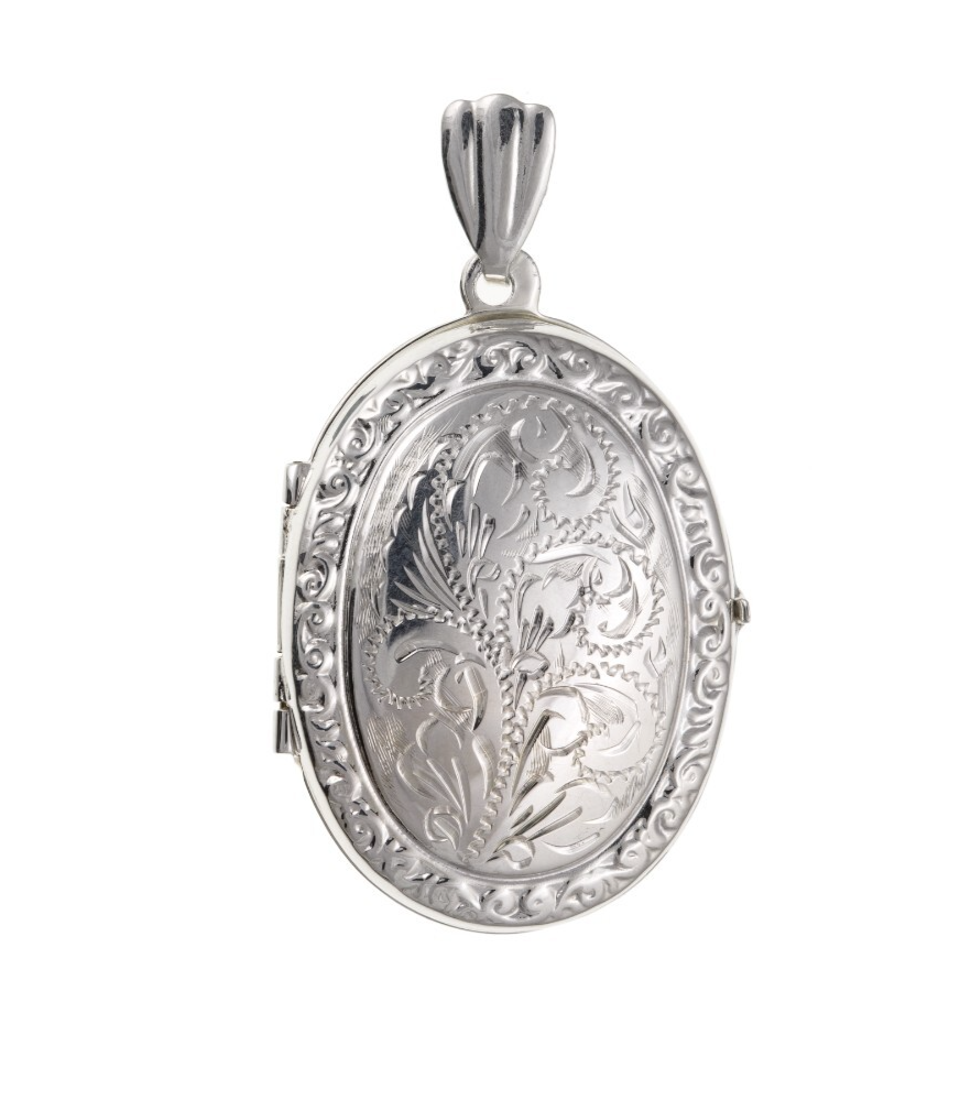 Silver Patterned Oval Family Locket with intricate floral engravings and a secure clasp