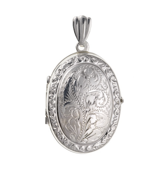 Silver Patterned Oval Family Locket with intricate floral engravings and a secure clasp