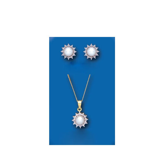 Pearl and Diamond Set Yellow Gold Pendant and Earrings Freshwater Cultured
