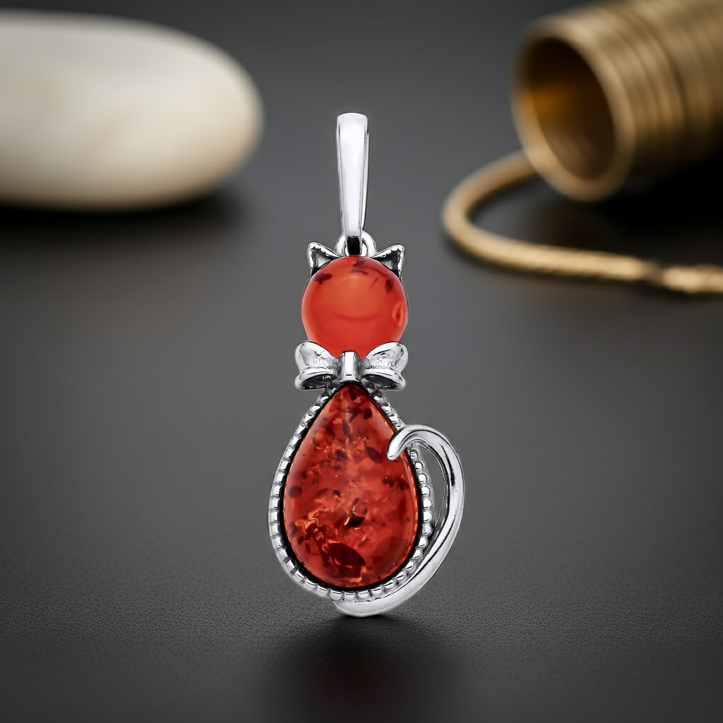 J R Jewellery Silver Necklace featuring a pendant amber in a stylish cat design