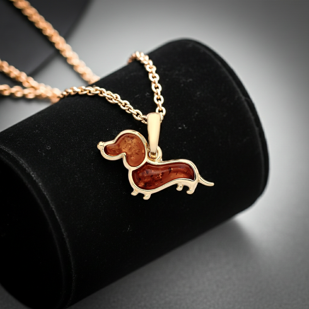 J R Jewellery Silver Necklace featuring a cute dachshund pendant amber design