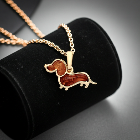 J R Jewellery Silver Necklace featuring a cute dachshund pendant amber design