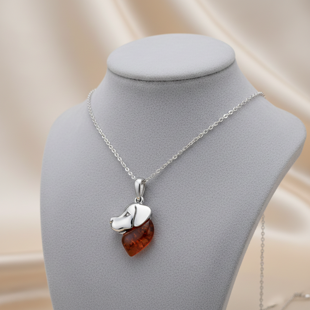 Silver Necklace with a Pendant Amber in the shape of a dog's head, perfect for animal lovers