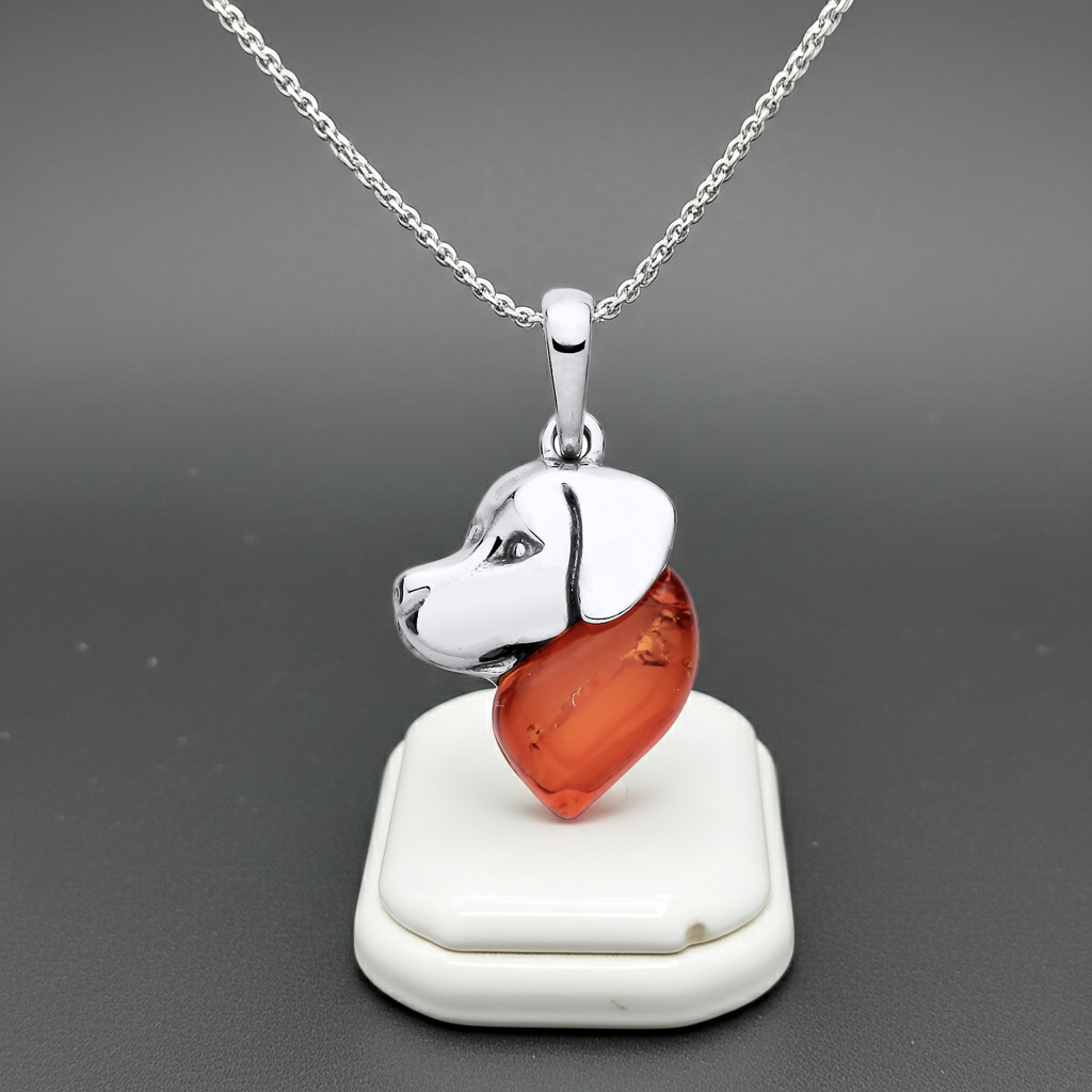 J R Jewellery Silver Necklace with Pendant Amber in Dog Design for Pet Lovers