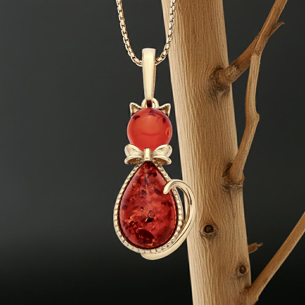 Silver necklace featuring a pendant amber design with a cat motif and intricate detailing