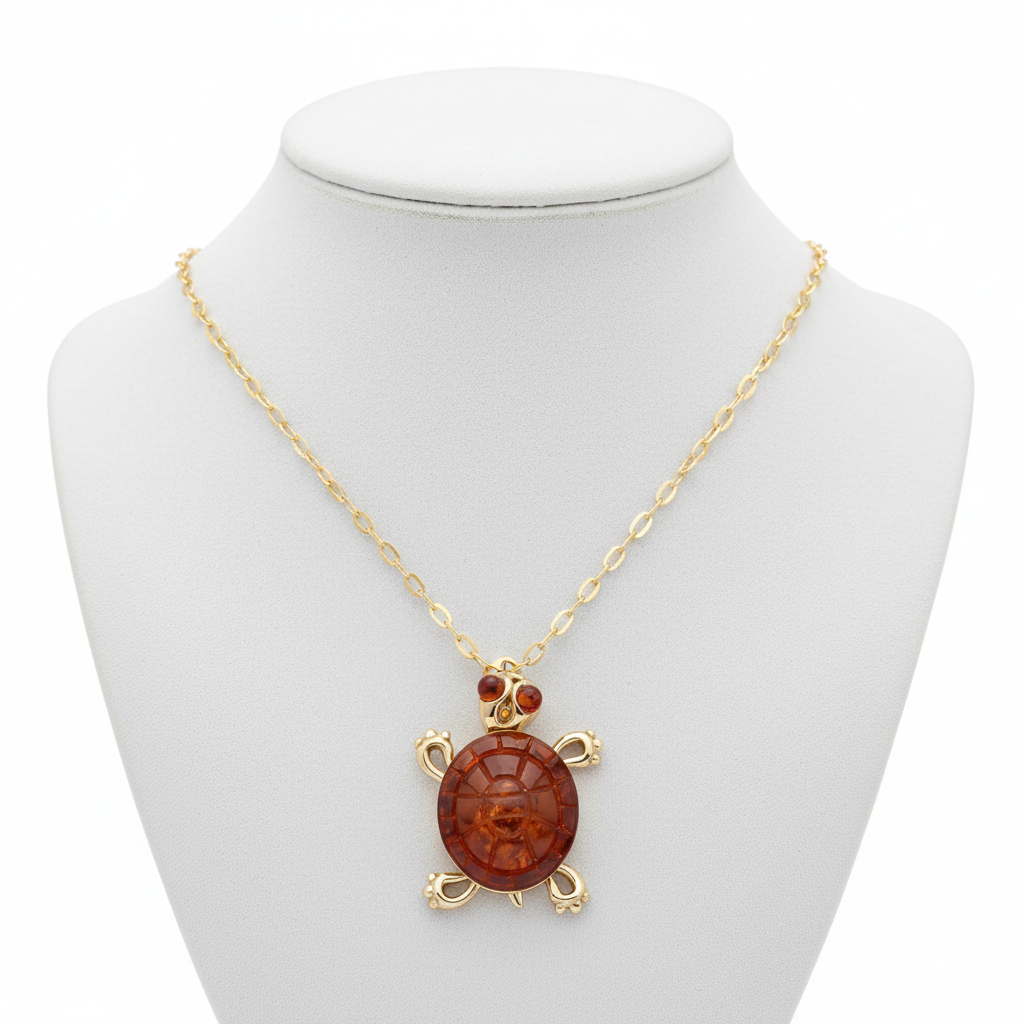 Silver Necklace with Pendant Amber Featuring a Turtle Design and Golden Accents