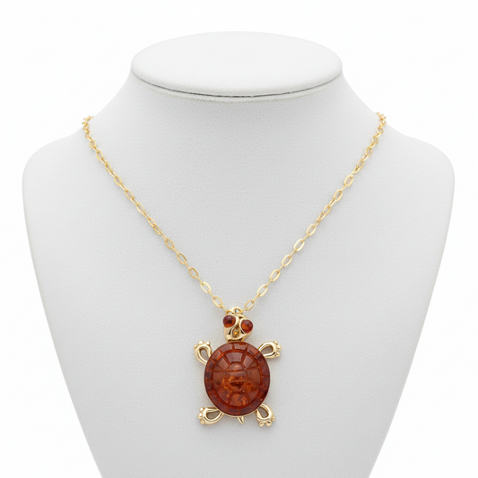 Silver Necklace with Pendant Amber Featuring a Turtle Design and Golden Accents