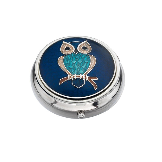 Pill Box Silver Plated Owl Blue with intricate owl design and silver finish for stylish storage